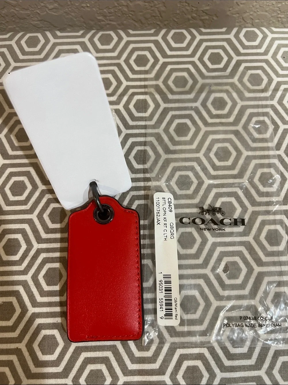 Coach Red Leather Bottle Opener KF RT C Keychain Tag with Yellow Logo Patch